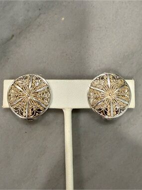 Vintage Filigree Wire Work Flower Bead Sterling Silver Clip Earrings
